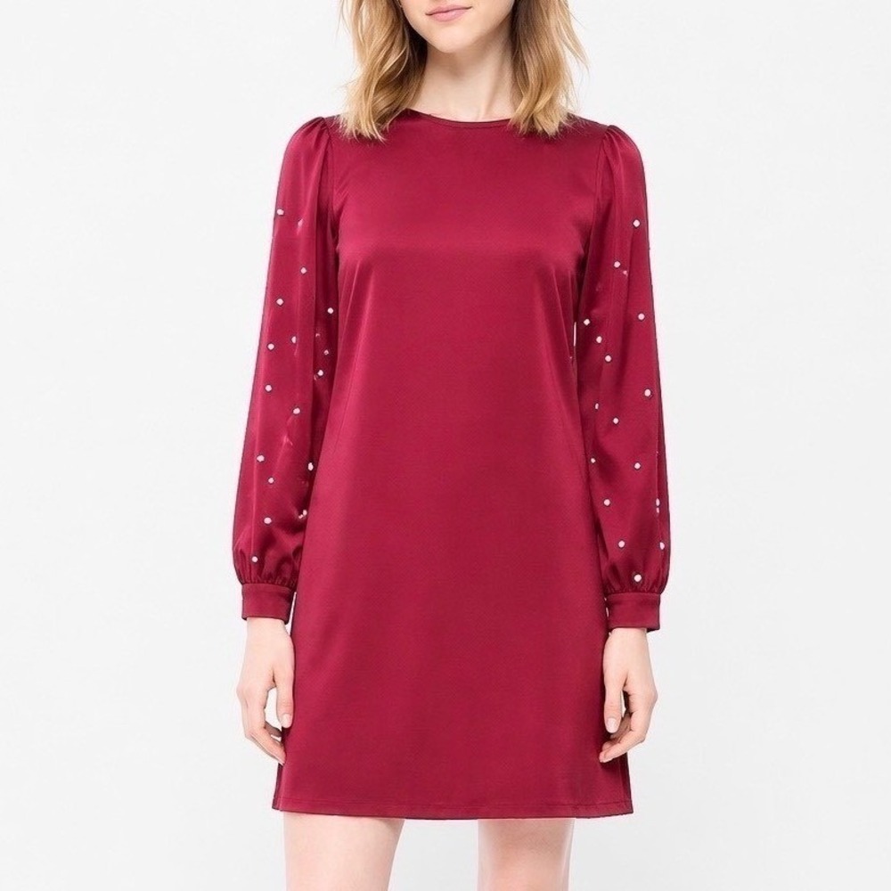 Red Long Sleeve Tunic Dress w/ Pearl Detail
